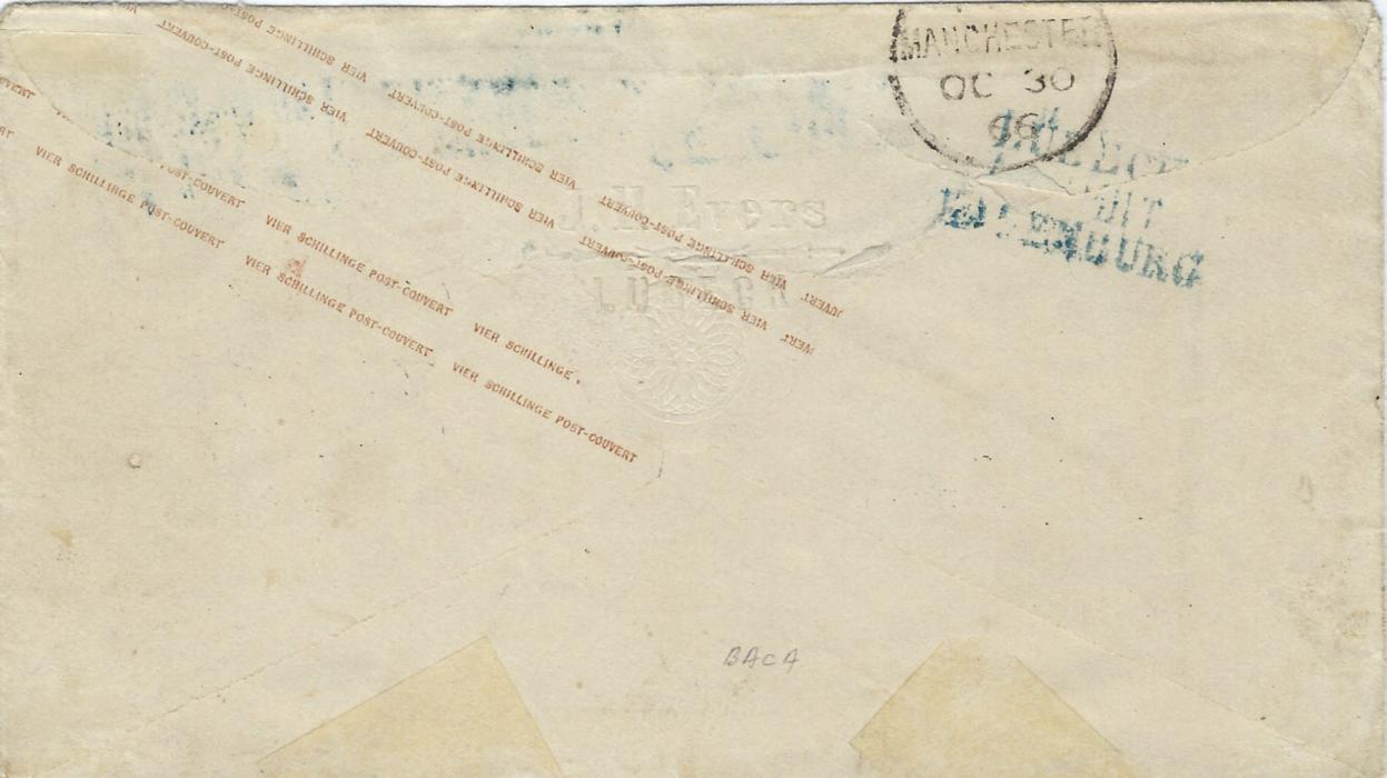 German States (Lubeck) 1864 4Sch postal stationery envelope sent on 29/10 1866  to Manchester, England additionally franked 1863 1Sch. and 2Sch. tied by three Luebeck double-ring cds, blue “Wfr 2 ¾” manuscript accountancy, red P.D. handstamp and Paid London transits, arrival backstamp and local tpo; very fine and rare, M Brettl Certificate.