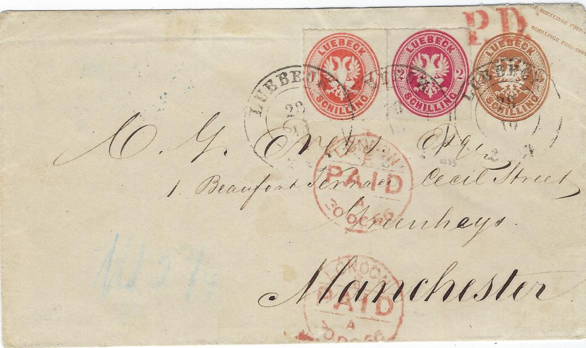 German States (Lubeck) 1864 4Sch postal stationery envelope sent on 29/10 1866  to Manchester, England additionally franked 1863 1Sch. and 2Sch. tied by three Luebeck double-ring cds, blue “Wfr 2 ¾” manuscript accountancy, red P.D. handstamp and Paid London transits, arrival backstamp and local tpo; very fine and rare, M Brettl Certificate.