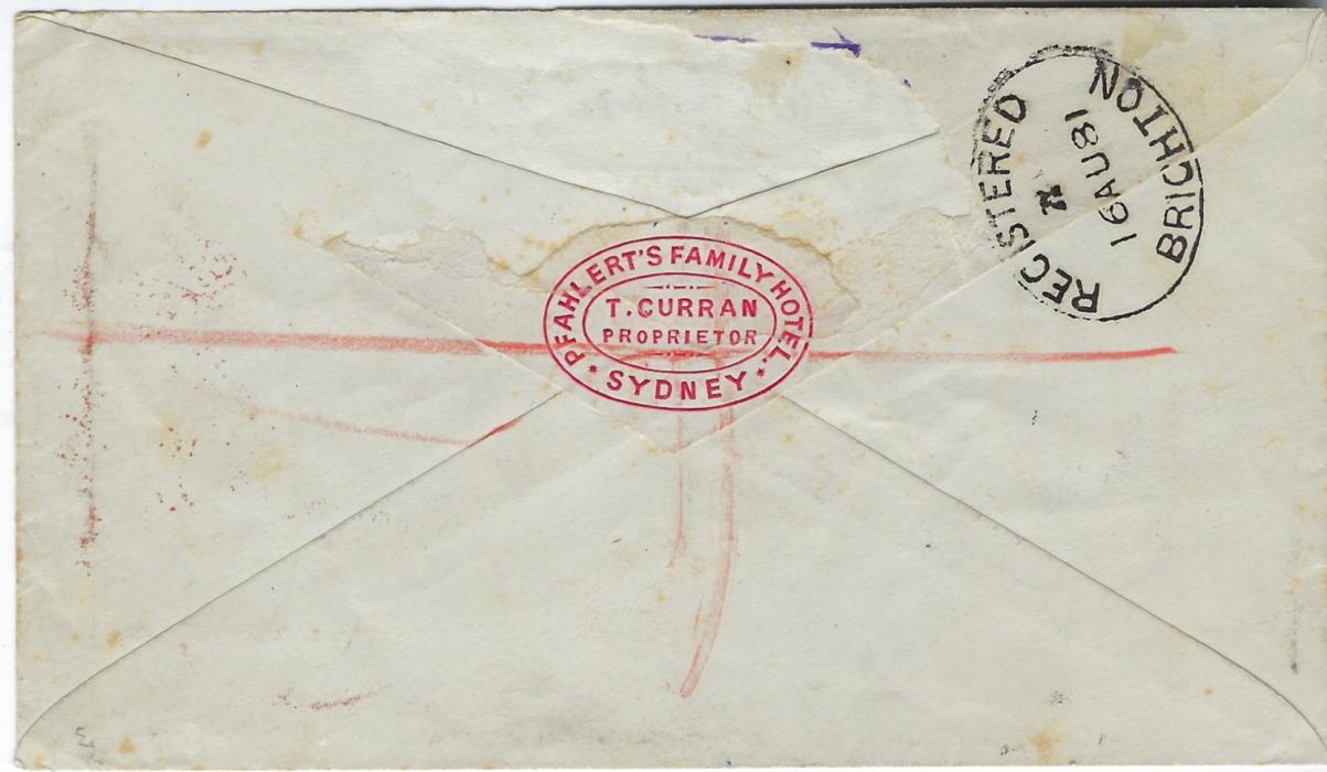 Australia (New South Wales) 1881 (JY 2) registered cover to Brighton, Sussex franked with 1871-1902 8d yellow (imperf between stamp and margin) plus two 2d. D.L.R. to pay the registration fee, cancelled by roller with double-oval Registered Sydney date stamp, London transit above this and arrival on reverse; small part of backflap missing.
