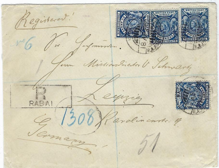British East Africa 1900 (18 AP) registered cover to Leipzig franked four individual 1896-1901 2½d. tied by thee Rabai cds, registration handstamp at left with blue manuscript number and Mombasa transit cds on reverse.  Good condition.