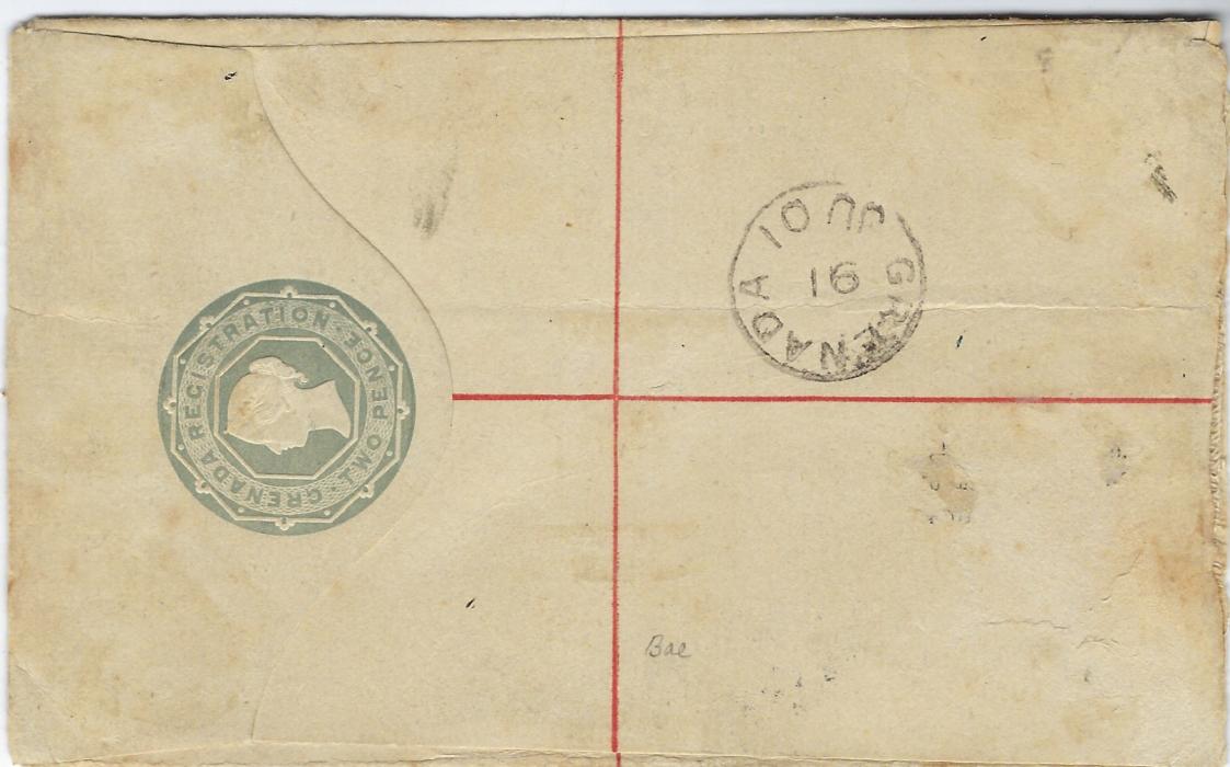 Grenada 1891 (30 MY) 2d registration envelope uprated with three 1891 POSTAGE AND REVENUE d./1 on 2s orange (SG 44) plus Grenada Revenue 3d. key type, stamps each cancelled twice by Grenada D date stamps of 30 MY and 1 JU; some slight toning not detracting unduly.
