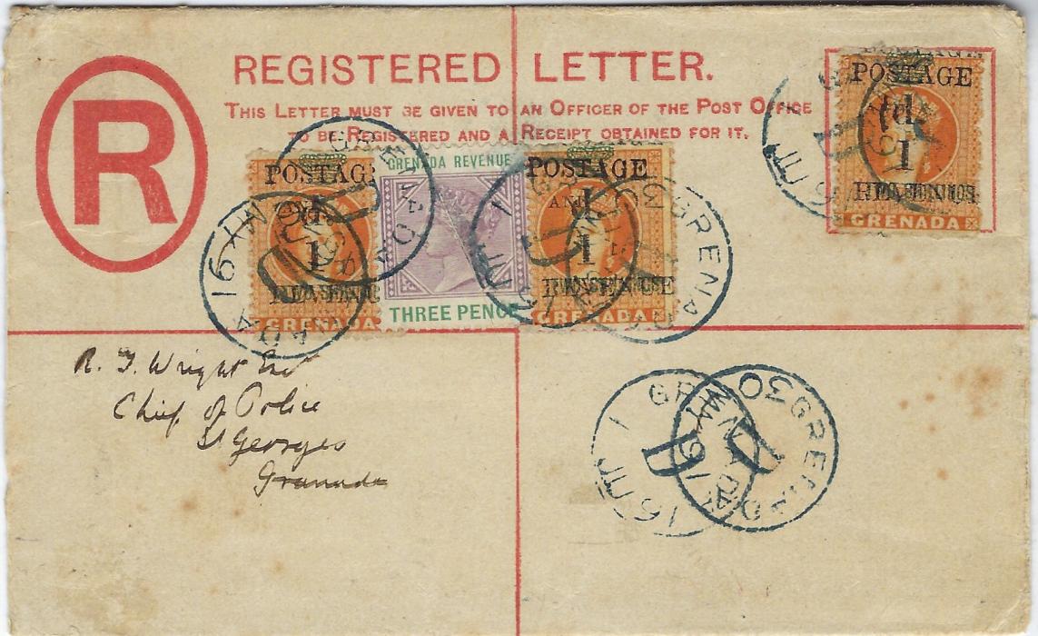 Grenada 1891 (30 MY) 2d registration envelope uprated with three 1891 POSTAGE AND REVENUE d./1 on 2s orange (SG 44) plus Grenada Revenue 3d. key type, stamps each cancelled twice by Grenada D date stamps of 30 MY and 1 JU; some slight toning not detracting unduly.