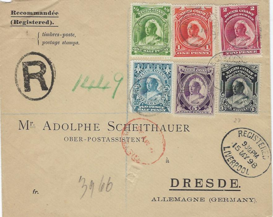 Niger Coast 1898 (AP 14) registered printed cover to Germany bearing 1897-98 watermarked ½d., 1d., 2d., 2 ½d., 5d. and 1s. tied small Registered cds, Registered London and Liverpool transits on front, Dresden arrival backstamp. Fine condition.