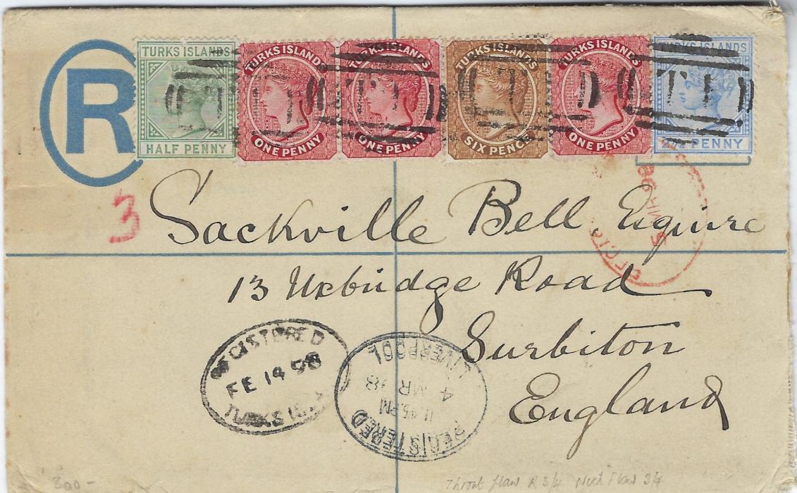 Turks & Caicos Islands 1898 (FE 14) registered formula stationery envelope to Surbiton, England franked 1887-89 watermarked perf 14 6d. yellow-brown, 1889-93 1d. crimson-lake (3, one with Throat flaw and one with Neck flaw, SG 62b and 62c) and 2 ½d. ultramarine, plus 1893-95 watermark Crown CA ½d. dull green cancelled T1 obliterators, oval Registered handstamp below , Liverpool transit and Kingston-on-Thames backstamp.
