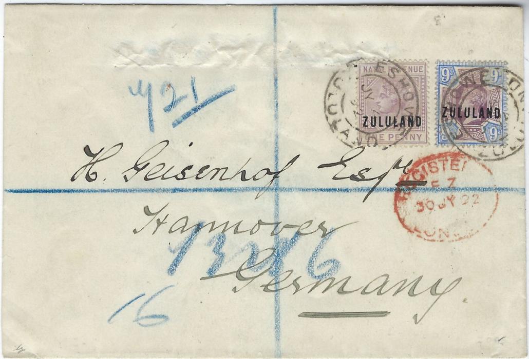 Zululand 1892 (JY 4) registered cover to Hannover franked 1888-93 Great Britain Jubilee overprinted 9d. plus 1891 1d. postal fiscal tied Eshowe Zululand double-ring cds, red London transit below, reverse with Durban transit and arrival cds.
