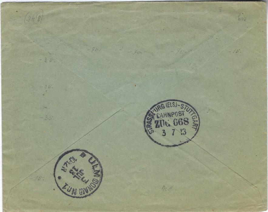 Seychelles 1913 (JU 11) registered ‘Kiderlen’ cover  franked 1906 Wmk Mult Crown CA 6c and 12c vertical strips of three plus 1912-16 3c green (2) tied by six codeless cds, German Railway registration label at centre, reverse with Strassburg (Els) – Stuttgart Zug 668 transit and arrival cds