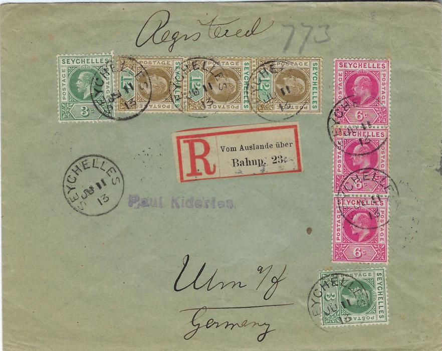 Seychelles 1913 (JU 11) registered ‘Kiderlen’ cover  franked 1906 Wmk Mult Crown CA 6c and 12c vertical strips of three plus 1912-16 3c green (2) tied by six codeless cds, German Railway registration label at centre, reverse with Strassburg (Els) – Stuttgart Zug 668 transit and arrival cds
