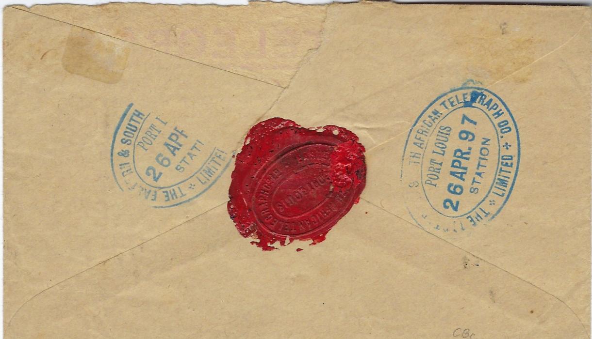 Mauritius 1897 (26 AP) Eastern Telegraph Company Limited Telegram cover to Tamatave, Madagascar franked 1883-94 15c blue (2) tied cds, oval registered date stamps of 26th and 29th, oval framed R handstamps, reverse with part of backflap that affects one of the two The Eastern & South African Telegraph Co. Limited/ Port Louis Station.