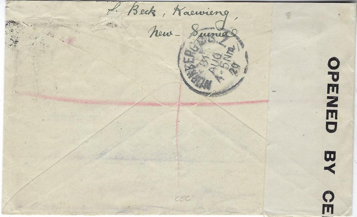 New Guinea 1920 registered censored cover to Nurnberg franked 1918-22 overprinted ½d. green and 5d. brown tied unclear Kaewing cds, oval-framed Passed By Censor A.N. & M.E.F./No. 2, plain Opened By Censor tape at left, reverse with senders details and arrival cds.