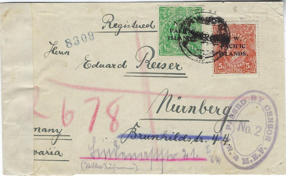 New Guinea 1920 registered censored cover to Nurnberg franked 1918-22 overprinted ½d. green and 5d. brown tied unclear Kaewing cds, oval-framed Passed By Censor A.N. & M.E.F./No. 2, plain Opened By Censor tape at left, reverse with senders details and arrival cds.