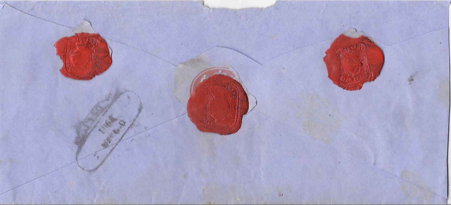 Ionian Islands Undated long blue On Her Majestys Service cover from Corfu to Paxos during period of British Administration bearing small red despatch cds and straight-line REGISTERED handstamp in red, unrecorded by Parmenter. Arrival backstamp and three red wax seals of Commisariat Ionian Islands. Missing backflap and opened out for display.