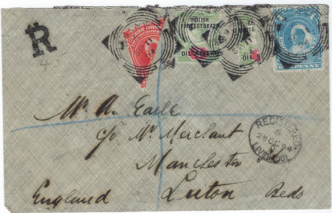 Niger Coast 1894 (SP 11) registered cover to Luton franked British Protectorate/ Oil Rivers 1892-94 Great Britain overprinted Jubilee 2d.  vertical  bisect together with normal, plus 1894 1d. and later 1d. orange vermilion diagonal bisect  tied by four square circle Bonny date stamps. A fine, rare double, different issue bisect cover.