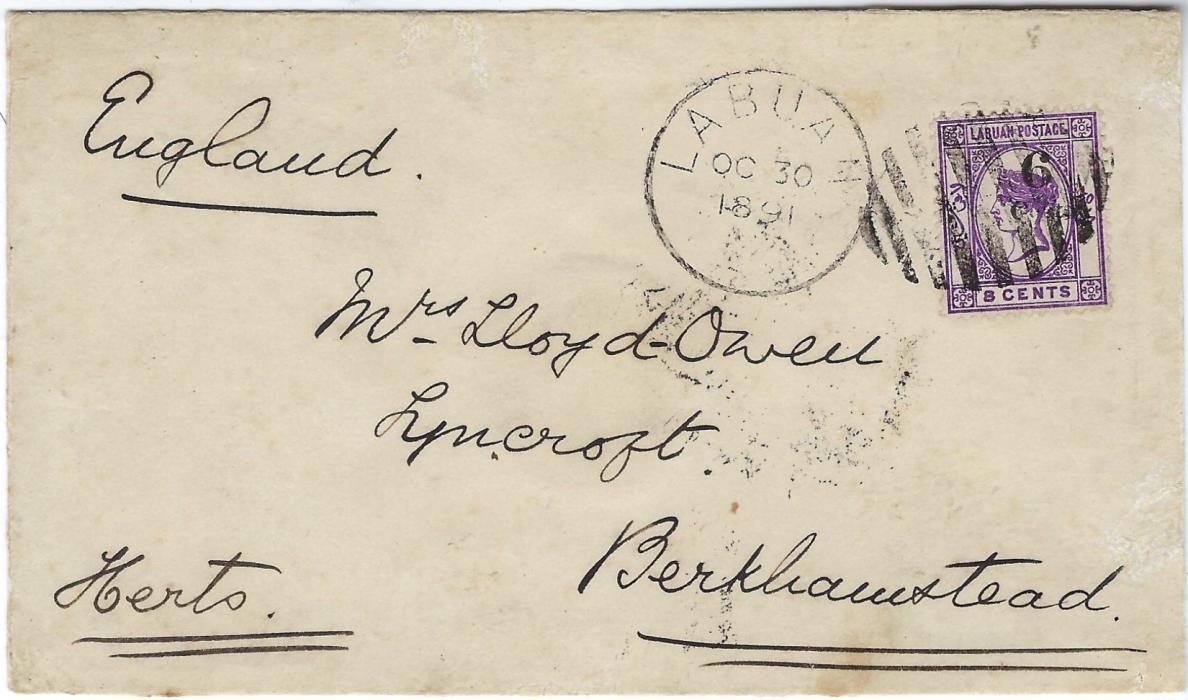 Labuan 1891 (OC 30) cover to Berkhamstead, England bearing single franking 6c on 8c. mauve showing a weak black handstamp with incomplete ‘cents’, tied by nine bar lozenge and with cds alongside, arrival backstamp. 