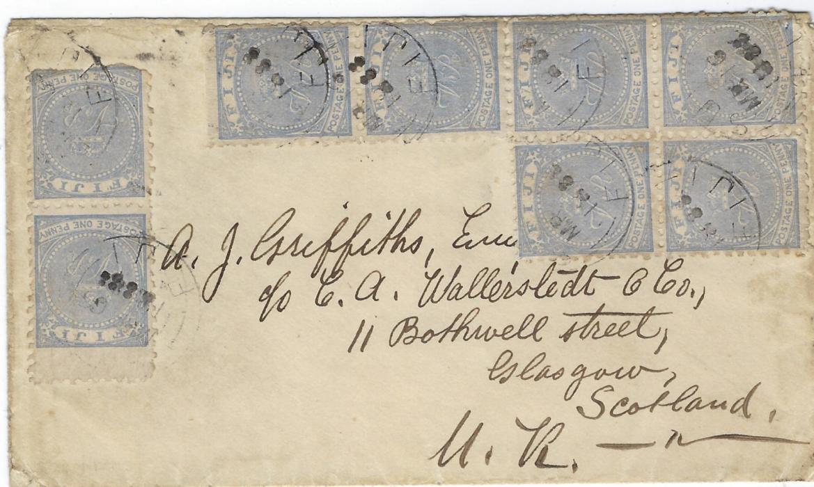 Fiji 1888 (MR 16) cover to Glasgow, Scotland franked 1881-90 perf 10 1d. dull blue in block of four and two vertical pairs tied by part cds, arrival backstamp. The stamps at top of envelope with some very slight discolouration and some perf faults, the vertical pair at left shows extra large top margin stamp whilst the bottom stamp has damaged base. A striking cover.