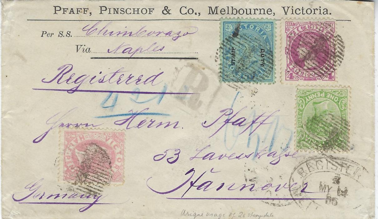 Australia (Victoria) 1886 (MY 14) registered company cover to Hannover, Germany endorsed ‘Per S.S. Chimborazo/ Naples’ bearing mixed franking 1885-95 ½d., 1d. and 4d., together with 1885 Stamp Duty overprinted 2s, upright watermark cancelled by grid of bars, registration handstamp and Melbourne date stamp, arrival backstamp of 22/6. A fine cover with believed to be unique usage of a 2s Stamp Duty.