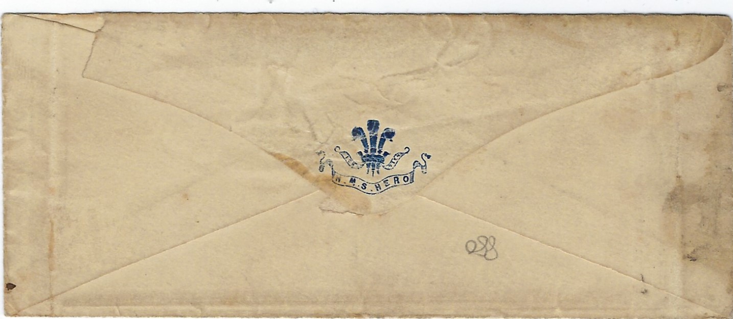 Bermuda 1862 (FE 12) cover to England endorsed over three lines “From Joseph Gardener Seaman/ On board of H.M ship Hero/ Bermudia”, countersigned by commanding Officer, franked Great Britain 1d., plate 48 cancelled by ‘A94’ obliterator of cunard mailboat, Helminster arrival on front. Vertical creasing affecting stamp. R.P.S,L Certificate (2005)