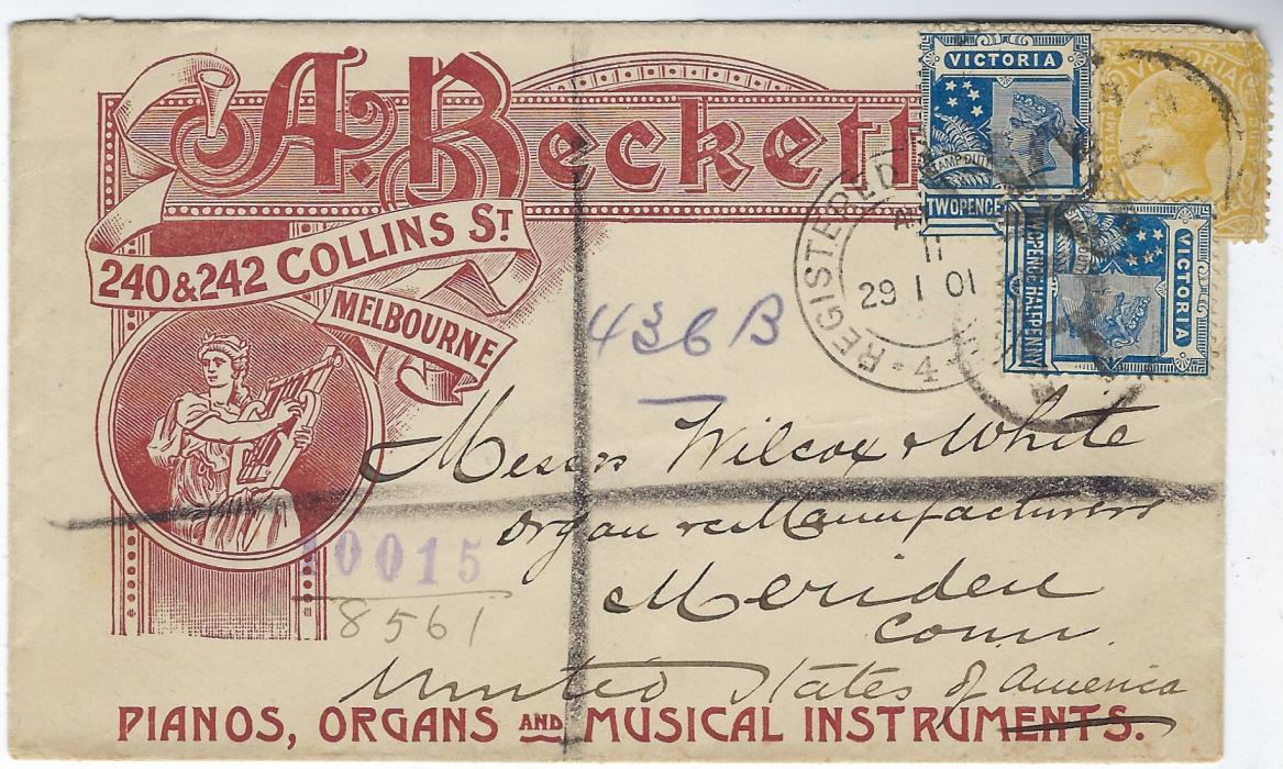 Australia (Victoria) 1901 (29.1.) A Becketts Pianos, Organs and Musical Instruments of Collins Street, Melbourne illustrated advertising cover sent registered  to Meriden, Conn., USA, the franking with one stamp over the edge with some resultant damage, arrival backstamps, still an an attractive cover.