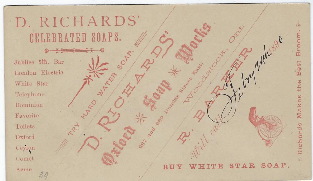 Canada (Advertising Stationery) 1890 1c. card with advert on reverse for D. Richards Soaps with image of a frog on a tandem; fine condition.