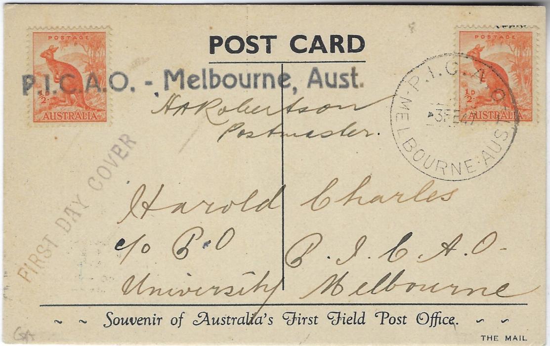 Australia (Golf)  1947 (3 Feb) souvenir postcard for Australia’s first fieldpost office at University of Melbourne, depicting scene of postal officials clearing mail at the FPO. Special handstamps for PICAO’s meeting (Provisional International Civil Aviation Organization), autographed by H.A.Robertson, Postmaster. Good condition.