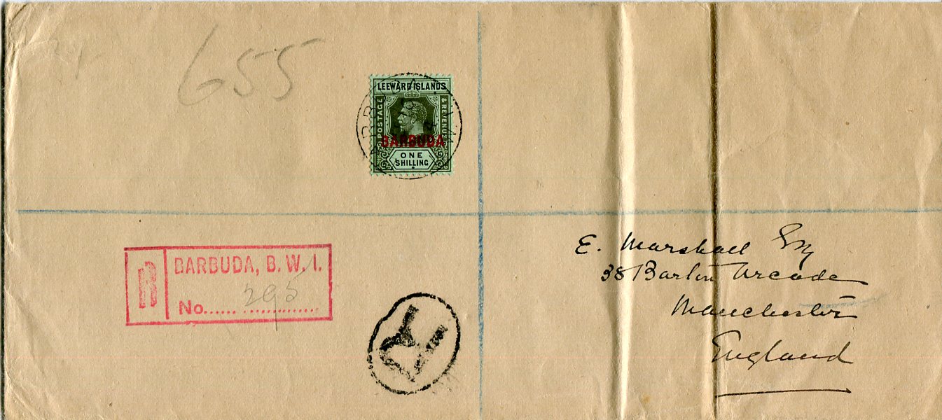 Antigua (Barbuda) 1924 (JU 16) registered cover to Manchester bearing single franking 1922 1s black/emerald tied by Barbuda B.W.I. cds, reddish pink registration handstamp, oval-framed R and St John’s transit backstamp, a coupe of vertical creases at right