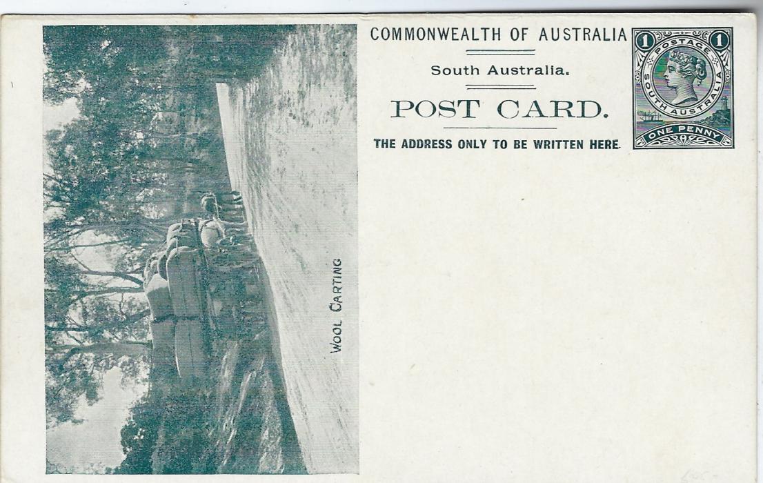 Australia (South – Picture Stationery) 1900s 1d. deep green  stationery card with illustration of Wool Carting with some slight tones in card at top.
