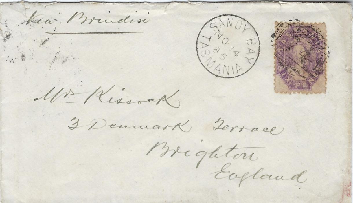 Australia (Tasmania) 1885 (NO 14) cover to Brighton, endorsed “Via Brindisi”, bearing single franking 1871-91 double-lined numeral watermark, perforated 6d. tied ‘74’ numeral obliterator with Sandy Bay cds in association, reverse with Hobert transit and arrival cds.