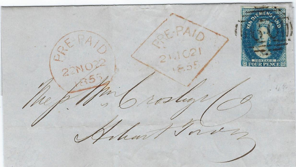 Australia (Tasmania) 1855 (21 NO) outer letter sheet  franked imperforate 4d. tied ‘60’ numeral obliterator, red diamond-framed PRE-PAID  date stamp with a further truncated circle date stamp of following day. Magin touched at base, fine and fresh appearance.