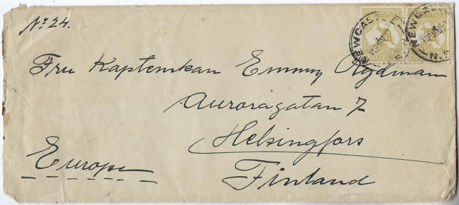 Australia 1924 (16 MY) long cover to Helsingfors, Finland franked 1915-27 3d. yellow-olive, Die II, cancelled ny Newcastle N.S.W. cds, Helsinki bilingual arrival backstamp; some slight faults to edges of envelope. 