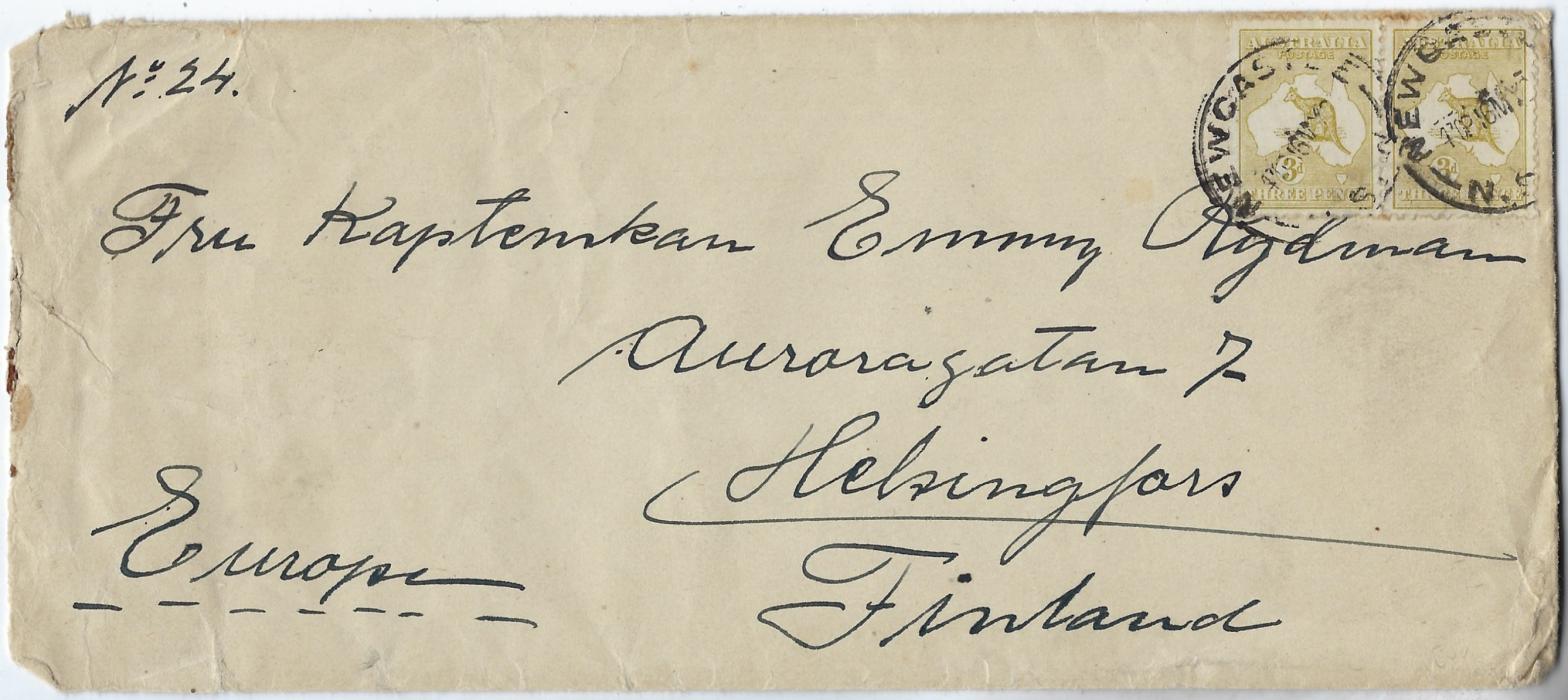 Australia 1924 (16 MY) long cover to Helsingfors, Finland franked 1915-27 3d. yellow-olive, Die II, cancelled ny Newcastle N.S.W. cds, Helsinki bilingual arrival backstamp; some slight faults to edges of envelope.