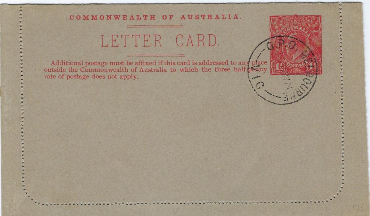 Australia (Picture Stationery) 1924-25 1½d. Sideface  on unsurfaced grey paper Murrumbidgee Irrigation Scheme (Citrus Orchard), cto G.P.O. Melbourne on 14 MY for U.P.U. distribution; stuck on one side otherwise fine and scarce.
