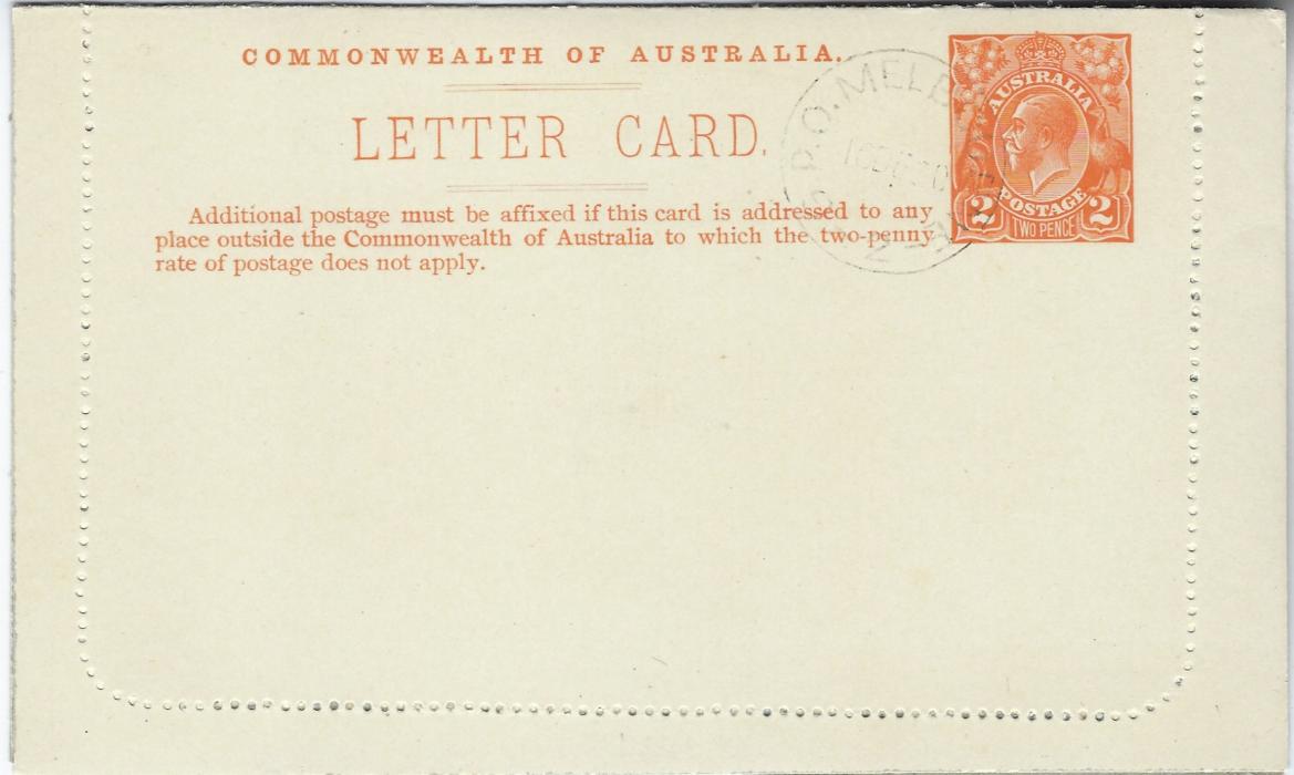 Australia (Picture Stationery) 1920-22 2d. Sideface , perf 12½ off-white surface card, grey inside, of G.P.O. Hobart  cto G.P.O. Melbourne on 10 DE  for U.P.U. distribution; fine condition