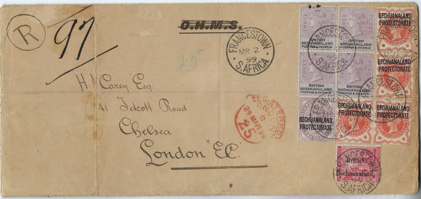 Bechuanaland 1899 (mr 2) LEGAL SIZE REGISTERED COVER TO London bearing mixed issue franking of 1888 3d. (4), 1893 1d. Cape of Good Hope overprint and Protectorate 1897 ½d. (4), tied Francestown cds, hooded London cds at centre; vertical filing crease