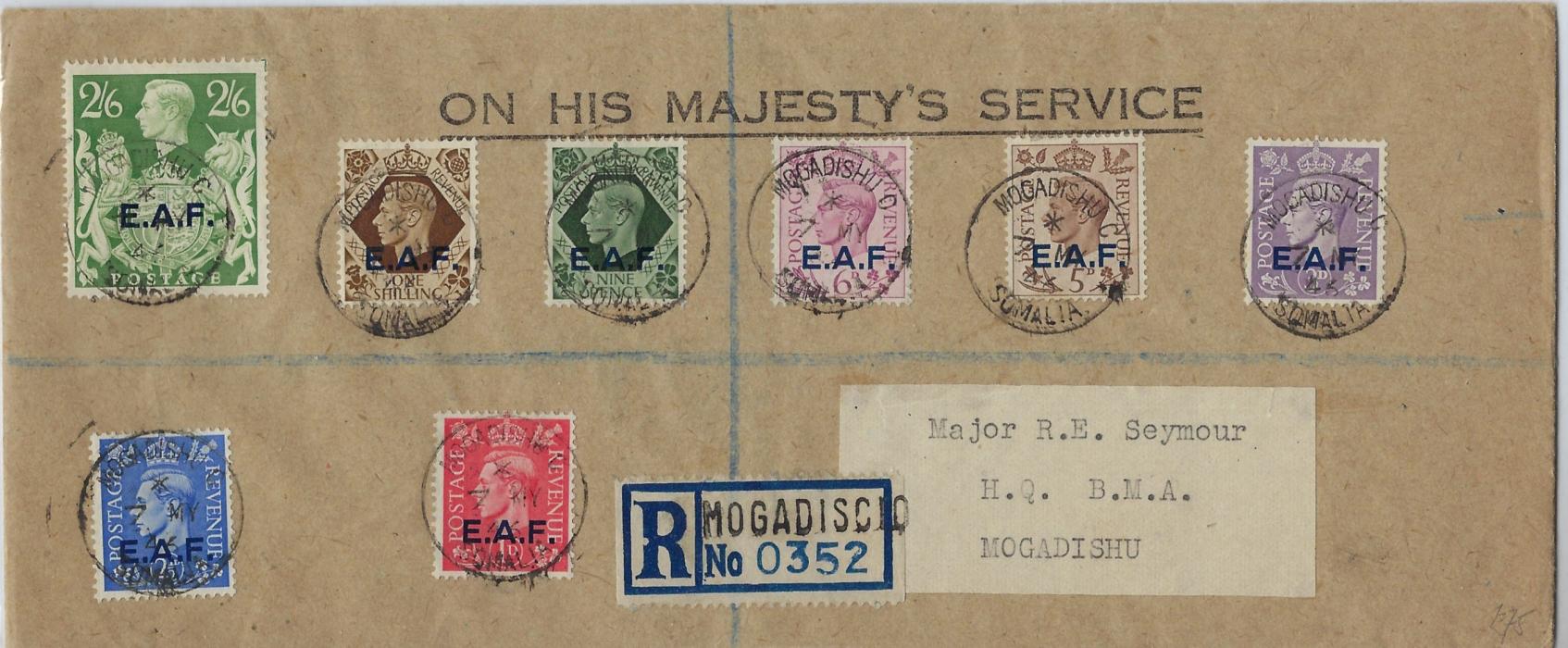 British Occupation Former Italian Colonies (Somalia) 1946 (7 MY) registered OHMS cover bearing E.A.F. overprinted set less 2d., each stamp tied Mogadishu cds; fine condition.