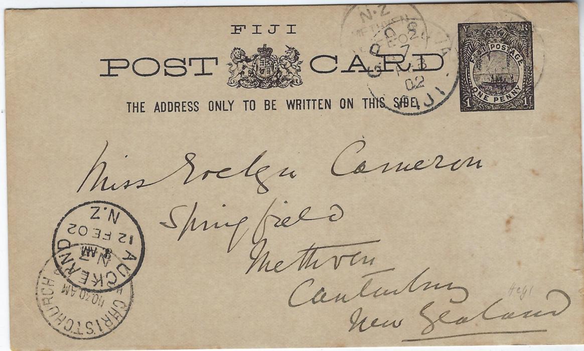 Fiji (Postal Stationery) 1902 (FE 3) One Penny card used to Methven, New Zealand with two G.P.O. Suva cds tying image, bottom left with Auckland transit (12 FE) and Christchurch transit (15 FE), reverse with Rakaia transit (15 FE) and at top on front arrival cds of 15th; a few slight stains and crease at top right, but generally good appearance and condition.