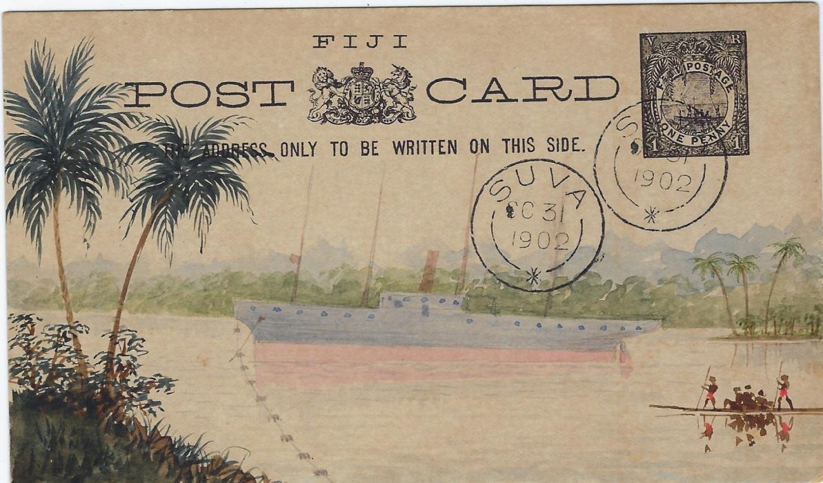 Fiji (Postal Stationery) 1902 (OC 31) One Penny card with fine hand-painted image, two Suva cancels. Without any message or address; fine and scarce.