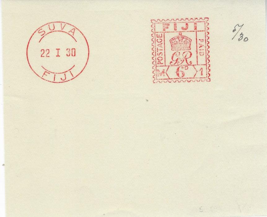 Fiji (Meter Mail) 1930 group of five proof pieces dated 22.1.30 for ½d., 1½d., 2d., 3d. and 6d. showing design of Crown above GR, Postage Paid at sides, good condition some with part and one full archival manuscript number.