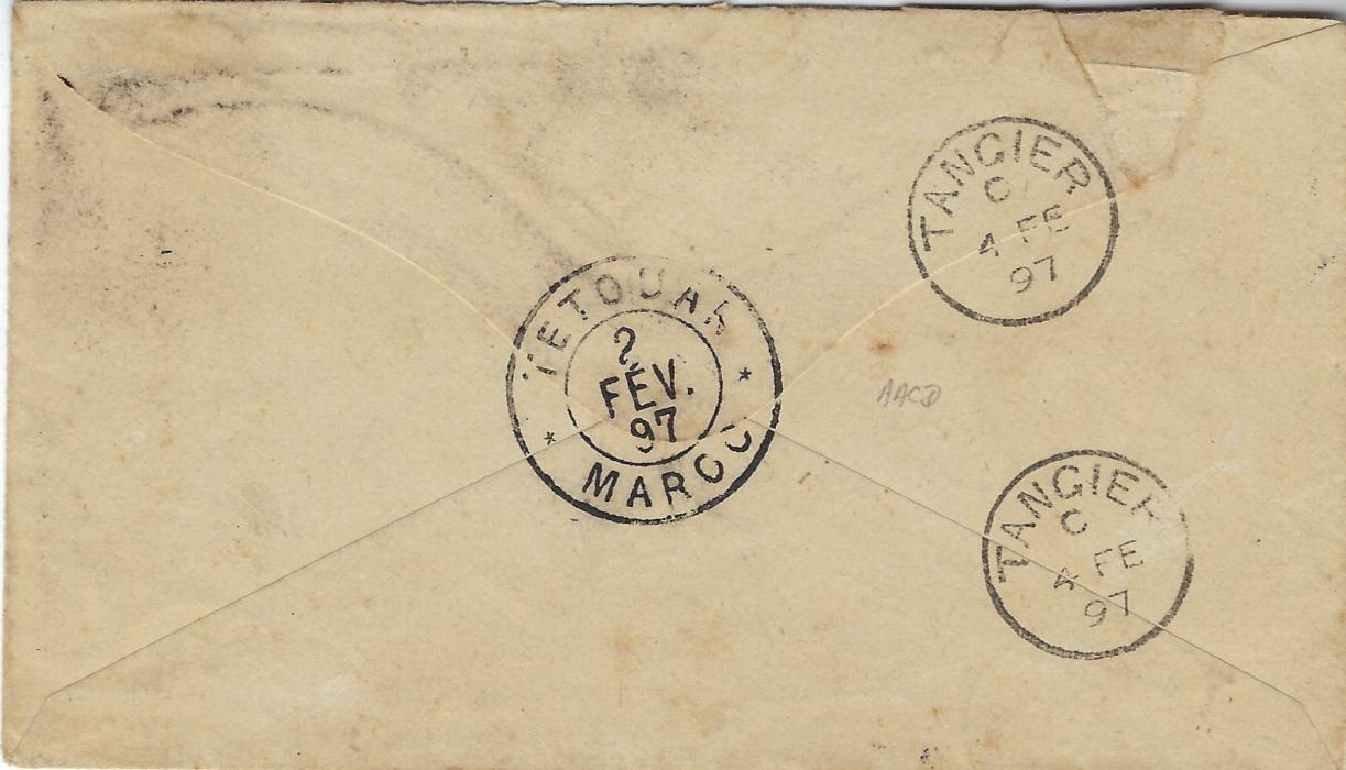 Gibraltar (Moroccan Local Post) 1897 (1 Fev) cover to Tanger franked  Tetouan A Chechouan 10c. Local issue plus Gibraltar 10c., the former tied Chechouan Maroc cds and the latter Tetuan (Morocco) duplex of 3 FE, reverse with Tetouan, Maroc of 2 Fev., twi index C Tangier arrival cancels; a fine and very rare local post cover.