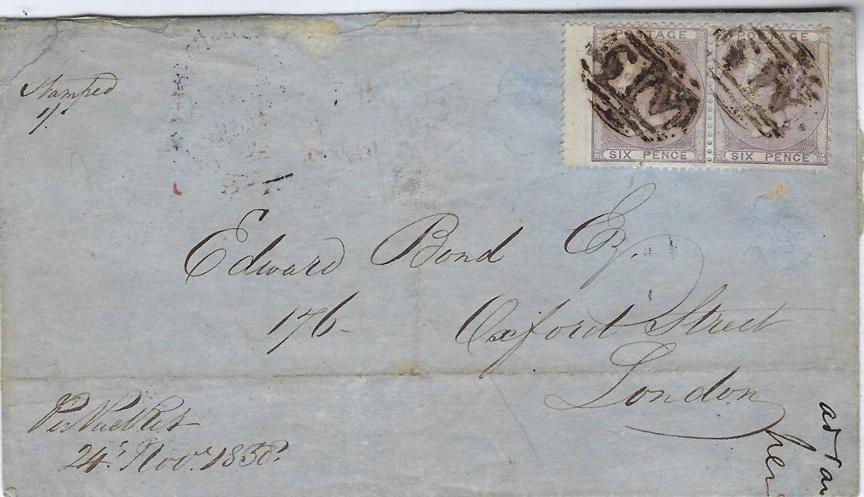 Grenada 1858 (24 Nov) outer letter sheet to London endorsed “Per Packet/ 24th Nov 1858” franked Great Britain 6d. lilac pair cancelled ‘A15’ obliterators, reverse with double-arc  Grenada date stamp of NO 22 (the second ‘2’ of ‘22’ inverted), two red London backstamps