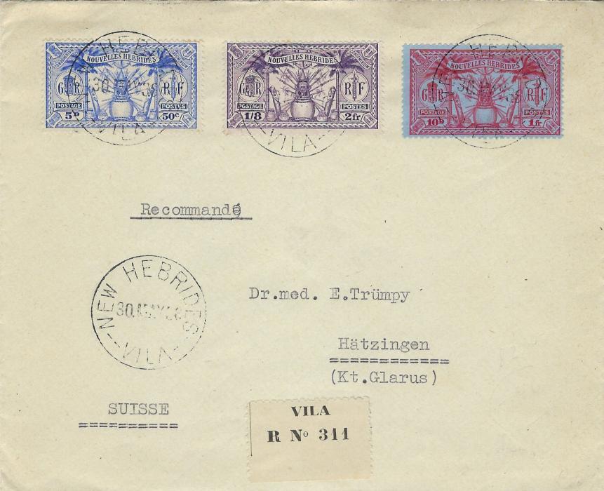 New Hebrides (French Currency) 1936 (30 MAY) registered cover to Switzerland franked 1925 50c. (5d.), 1f. (10d.) and 2f. (1/8) tied three Vila cds