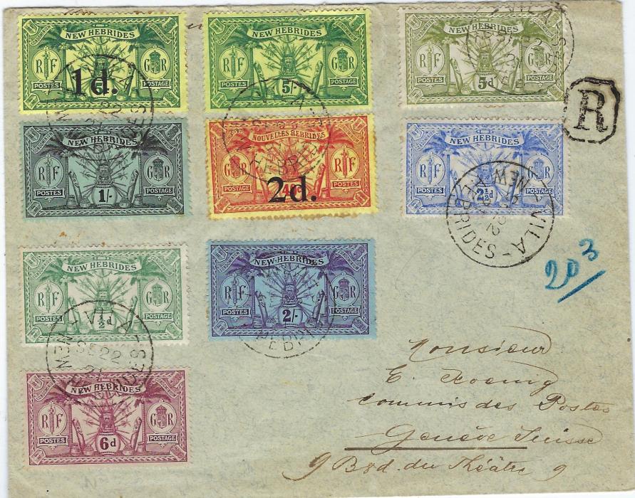 New Hebrides (British) 1921 (DE 22) multi franked registered cover to Switzerland franked 1911 ½d., 2½d., 5d., 6d., 1/-, 2/- and 5/- plus 1920-21 1d. on 5/- and 2d. on watermarked 40c tied by Vila cds, Geneva arrival backstamp; fine philatelic cover.