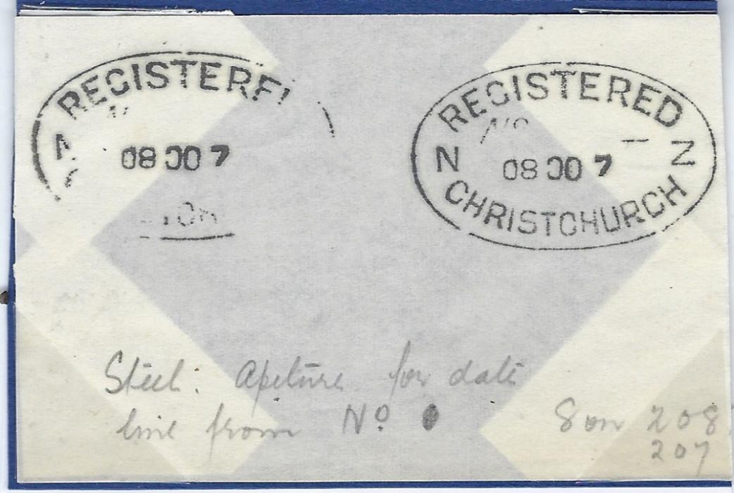 New Zealand 1878 (AU 2) registered cover to Waddington Post Office, Canterbury, New Zealand franked 1858-79 2d., PH, unclear plate (damage to top right corner) and 1876 8d., MC, with heavy obliterators, Registered Lombard St. cds, large oval Registered Dunedin SE 7 78 arrival date stamp, Registered Christchurch alongside, the obverse bears manuscript “Unclaimed” and “No Contents of Value”, the front also with Christchurch cds of 9 JA 79. Also with Post Office workshop proof with manuscript notes.