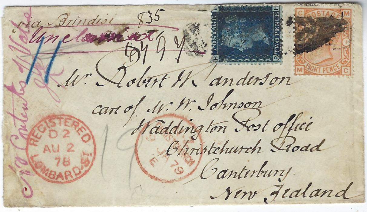 New Zealand 1878 (AU 2) registered cover to Waddington Post Office, Canterbury, New Zealand franked 1858-79 2d., PH, unclear plate (damage to top right corner) and 1876 8d., MC, with heavy obliterators, Registered Lombard St. cds, large oval Registered Dunedin SE 7 78 arrival date stamp, Registered Christchurch alongside, the obverse bears manuscript “Unclaimed” and “No Contents of Value”, the front also with Christchurch cds of 9 JA 79. Also with Post Office workshop proof with manuscript notes.
