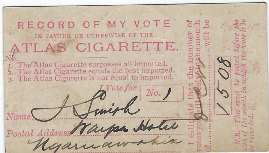 New Zealand 1892 (19 OC) small ½d.  Tobacco, Cigar & Cigarette company voting card for the Atlas Cigarette, from  Ngaruawahia to Auckland.
