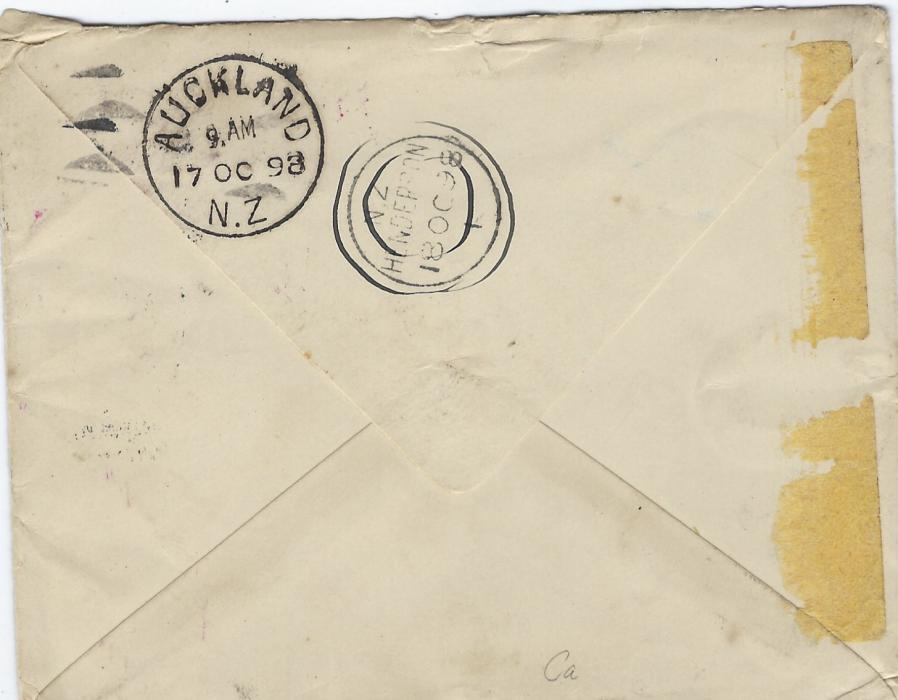 New Zealand 1898 (SP 3) incoming cover from Whitehaven, Great Britain to Henderson, Auckland, underfranked bearing hexagonally handstamped T/25 L. bottom left and at right circular framed To Pay/ 5d, reverse with Auckland cds of 17 OC and final arrival of Henderson of 18. OC.