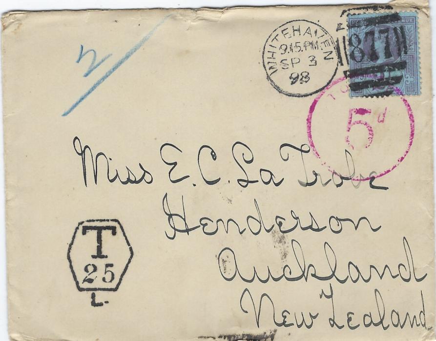 New Zealand 1898 (SP 3) incoming cover from Whitehaven, Great Britain to Henderson, Auckland, underfranked bearing hexagonally handstamped T/25 L. bottom left and at right circular framed To Pay/ 5d, reverse with Auckland cds of 17 OC and final arrival of Henderson of 18. OC.