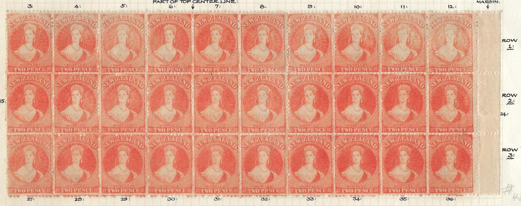 New Zealand 1872 2d. vermilion, no wmk, perf 12.5 (SG 138), right marginal block of 30 (10 x 3) from the top three rows of the sheet, with most stamps in the top row showing evidence of damage to the plate caused by overheating during printing, very fresh colour with virtually full o.g. Some slight inconsequential faults including slight central row crease, nevertheless in a remarkable state of preservation for such a multiple. A rare and impressive showpiece, ex Charles Lathrop Pack (Harmer Rooke NY 7/5/46, lot 366), on his original page.