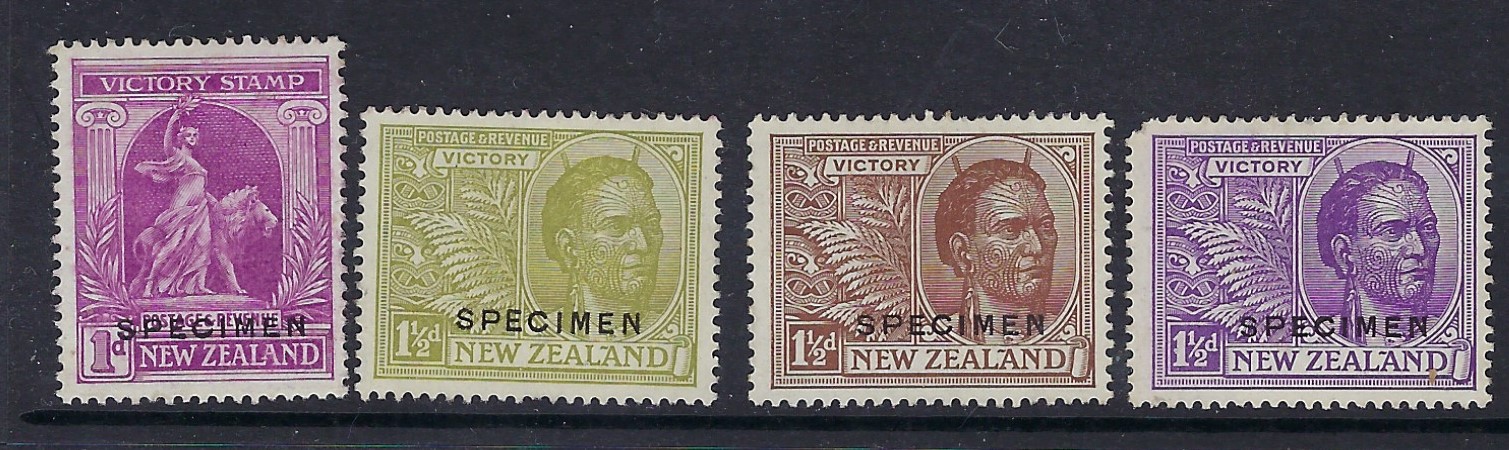New Zealand 1920 Victory Stamp proofs selection with imperf plate proofs 1d. deep magenta and 1½d. pale sage-green, sepia and violet, 1½d. sage-green block of 4 Ex Gawaine Baillie, three imperf 1d. colour trials imperf in different colours (Only perforated colour trials are listed) and group of imperf stamps in issued colours overprinted specimen in full horizontally or part diagonally. A fine assembly.