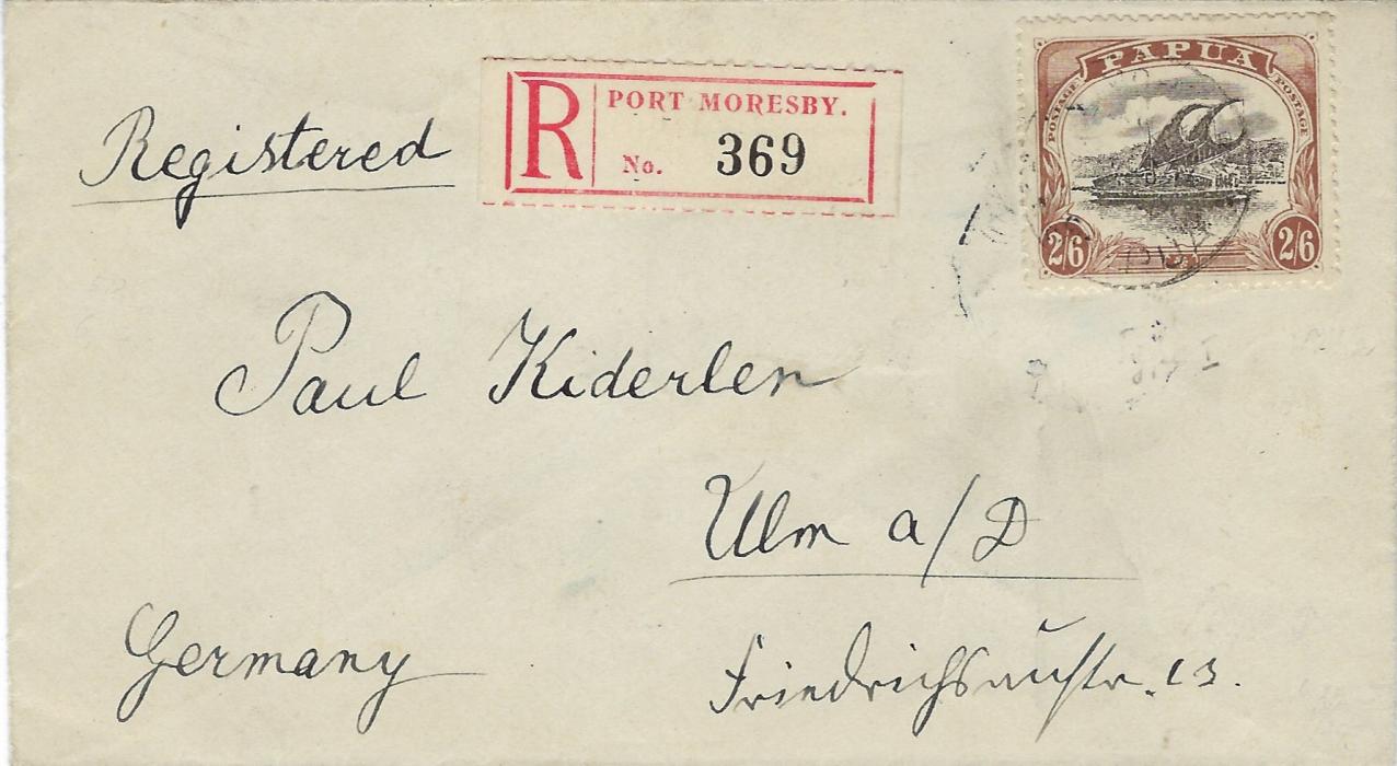 Papua 1912 registered ‘Kiderlen’ cover bearing single franking 1911 2s6d black and brown, type C (SG 83) with unclear Port Moresby cds, registration label to left, reverse with Registered Brisbane and arrival cancel.