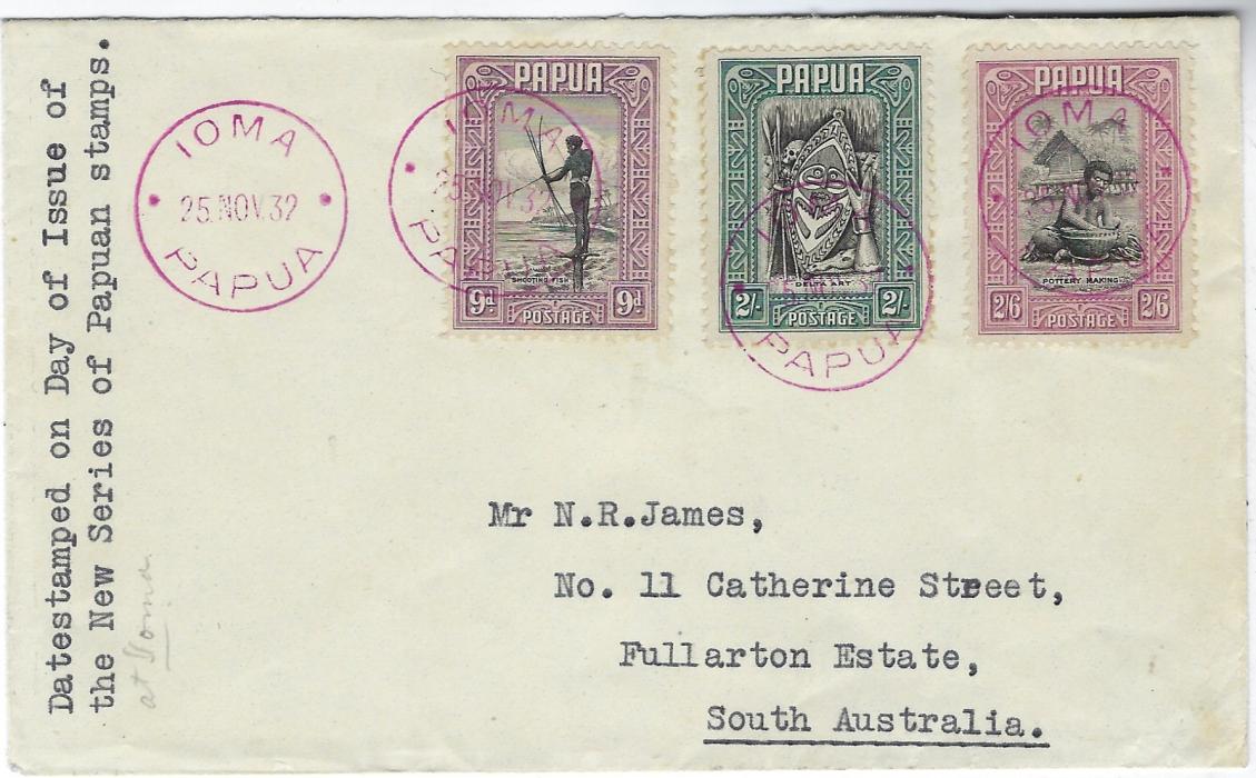 Papua 1932 (25 Nov) fine philatelic cover franked 1932-40 9d. Fishing, 2/- Mask and 2/6d. Pottery each tied by Ioma Papua cds, annotated at left ‘Datestamped on Day of Issue of the New Series of Papuan stamps’ (at Ioma)