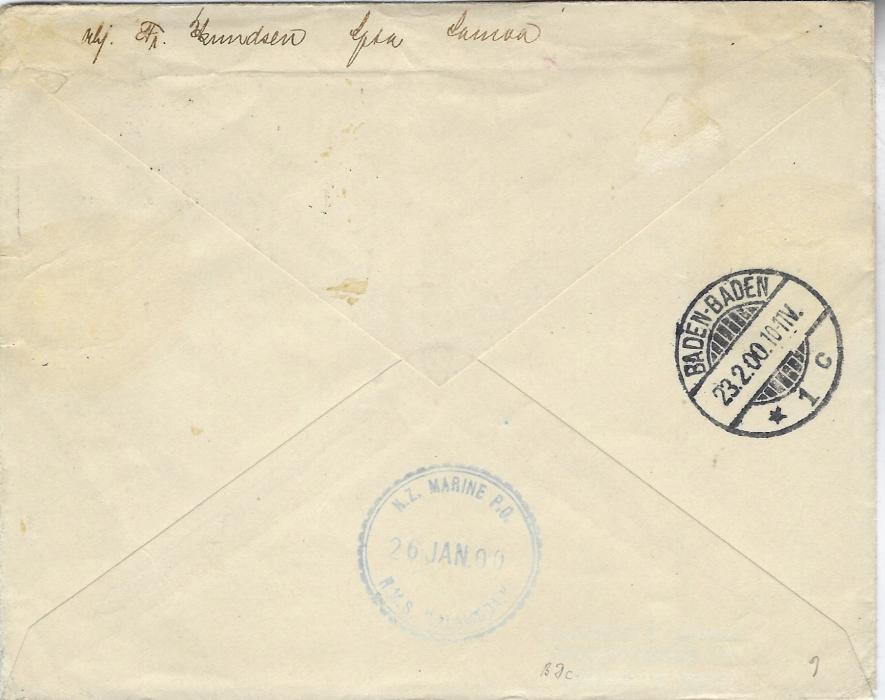 Samoa 1900 (JA 26) cover to Baden-Baden, Germany franked 1896 2½d. black King (2), 1899 ½d. green Palm Trees and 1899-1900 ‘Provisional Government’ 2d. tied Apia cds showing inverted year slug, reverse with N.Z. Marine P.O.  R.M.S. Alameda date stamp of 26 JAN and arrival cds of 23.2.; some toning around stamps.